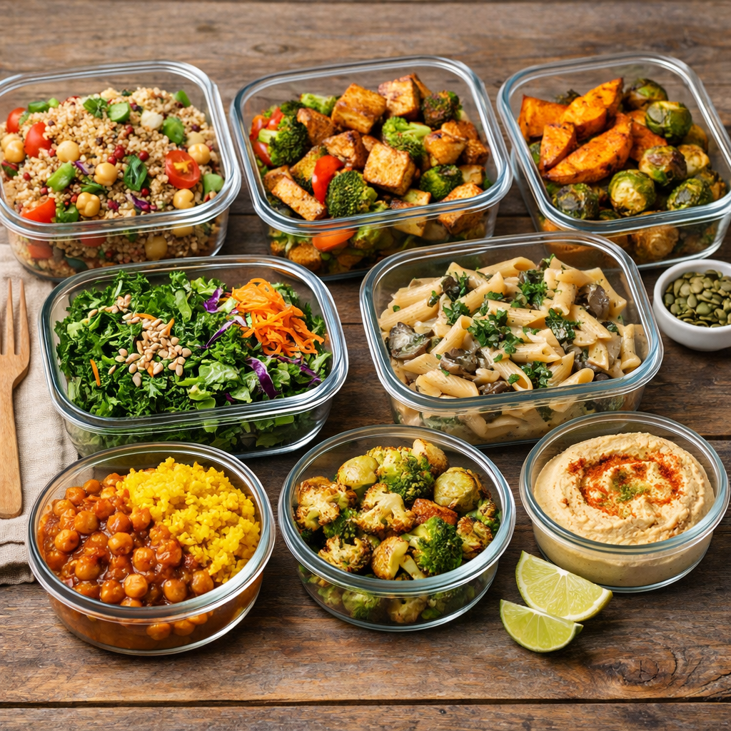 Glass containers filled with vegetable salad, roasted vegetables, pasta, chickpeas, quinoa salad, and hummus